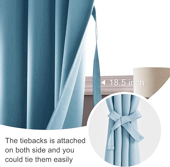 JIUZHEN Short Blackout Curtains for Small Window - Cafe Room Darkening Privacy Energy Saving Half Window Curtains Tiers for Bathroom,Kitchen, W 42 x L 36, Set of 2 Panels with Tiebacks,Light Blue