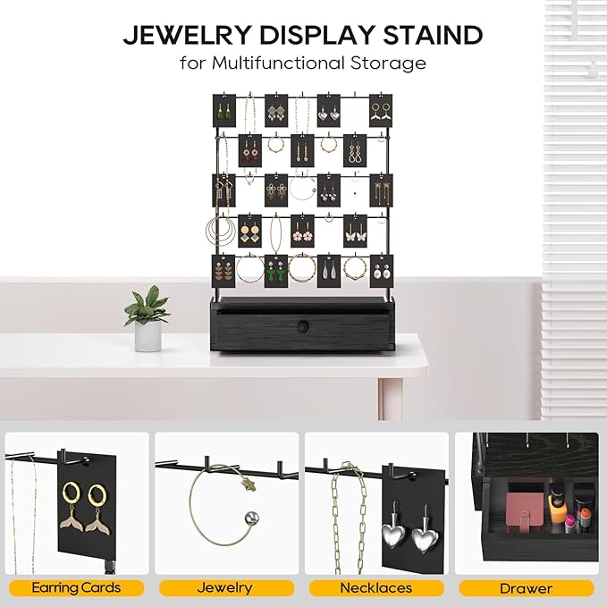 ORLESS 5-Tier Jewelry Display for Vendors, Earring Holder Organizer with Storage Drawer Box, Necklace Display Holder for Selling, Earring Cards Organizer for Bracelets, Rings, Black(35 Hooks)