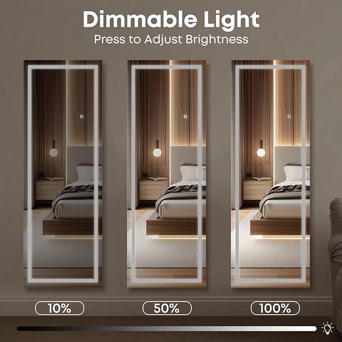 Kosmonia 59x16 Frameless Full Length Mirror, Dimmable 3 Color LED Light w/Memory Function, Distortion Free, HD Reflection & Anti Desilvering, Tempered Glass & Shatter Proof Film Doubling Safety