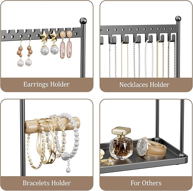 Jewelry Tower Necklace Holder Organizer – 3-Tier Jewelry Display Rack with Storage Tray – Holds 22 Pairs of Earrings, Bracelets, Rings, Necklaces – Gift for Girls & Women, Black