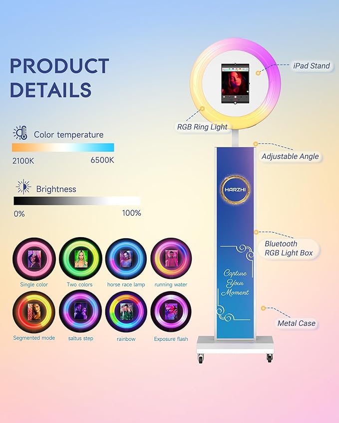 HARZHI Portable Photo Booth Compatible with Ipad, Large Lightbox Ipad Photo Booth for Christmas Wedding Party Provide ChackTok Software APP VIP, Free Custome Logo, Flight Case White