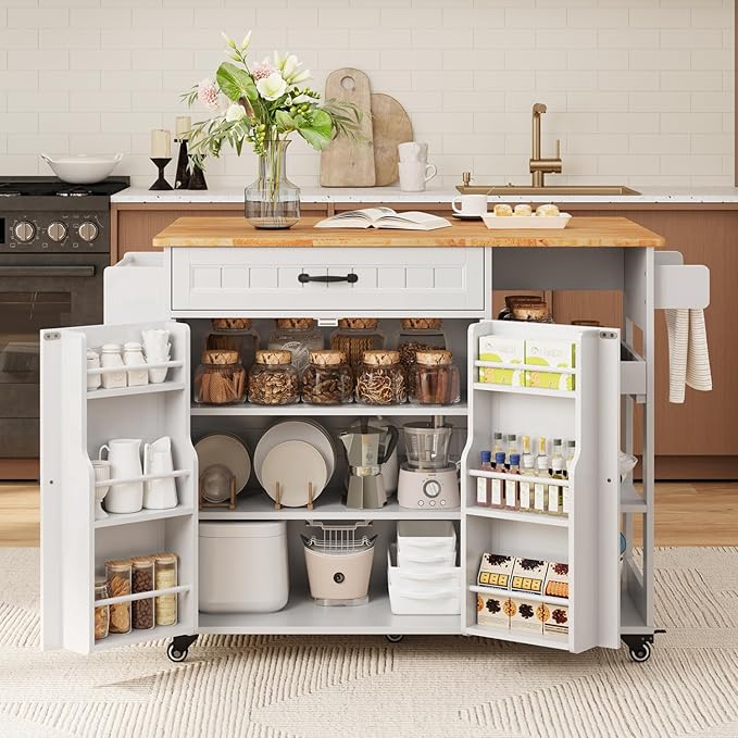 Gizoon Update Kitchen Island, 41.7" W Kitchen Island with Storage, Rolling Island Table on 5 Wheels, with Drop Leaf, Refrigerator Door, Adjustable Shelf, Spice/Towel Rack, Removable Tray, White