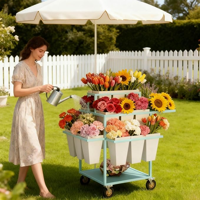 Metal Garden Cart Plant Stand with 18pcs Buckets and parasols, Slide Out Rolling Flower Display Rack, for Florist, Patio Garden, Weddings Party, Business Market (White)