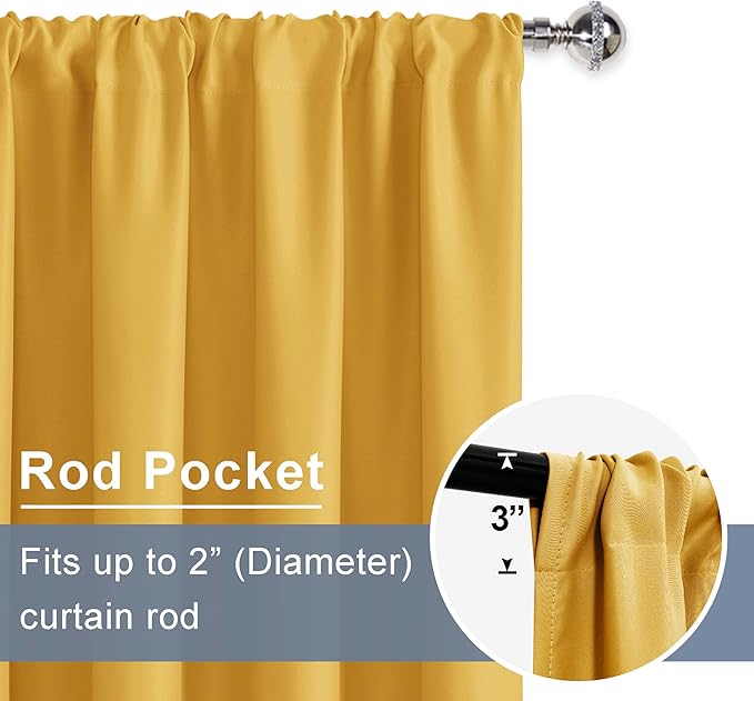 JIUZHEN Blackout Curtains for Bedroom - Curtain Drapes Set of 2 Panels with Tiebacks, Room Darkening Thermal Curtains, 42 x 72 Inches, Light Blocking Curtains for Living Room, Mustard Yellow