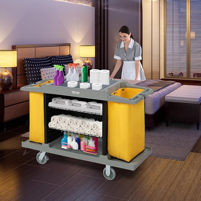 Premium Hotel & Housekeeping Cart on Wheels, 154LBS Multifunctional Commercial Cleaning Cart with Large Capacity Vingyl Bags, Comfor Grip Handles and Easy Move Casters, Gray