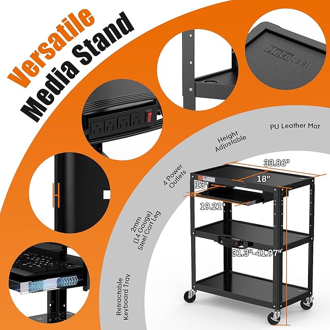 Extra-Large 3-Tier Utility Cart with Built-in Power Strip – Heavy-Duty 14-Gauge Steel Rolling Cart for Office, Workshop, or Classroom – 300 Lb Capacity (34" x 18" x 41.75")