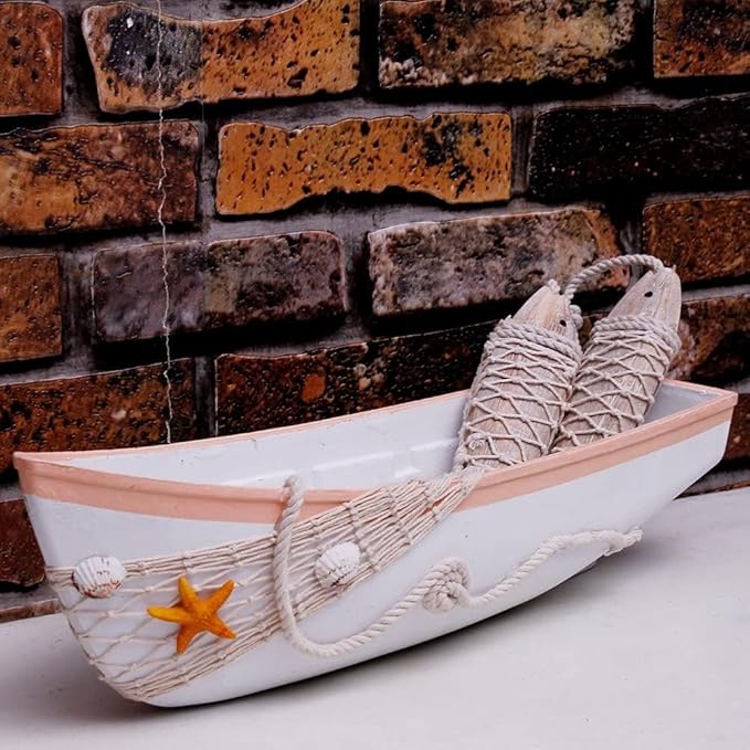 White Wooden Boat Tray Decor Decorative Nautical Boat Ornament Decor Wood Boat Tray Decorations Beach Theme Bathroom Decor Boats Shelf Decor 17 Inch