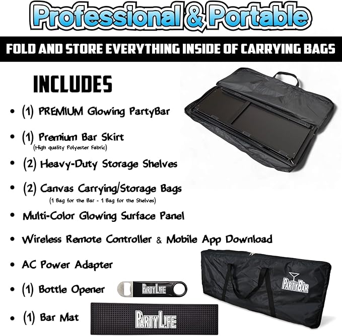 Commercial Grade Glowing Premium Portable Bar Table w/Mobile App, Wireless Remote, Bluetooth Connectivity, Folding Legs, Black Fabric Bar Skirt, 2 Storage Shelves & 2 Carrying Cases - White Skirt