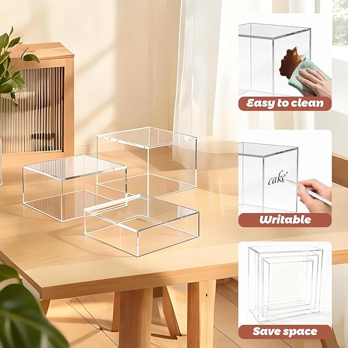 6Pcs Buffet Risers with Mini Sign and Maker, Clear Food Display Risers for Party, Acrylic Risers Display Stand for Buffet Table, Catering Displays for Dessert, Acrylic Boxes with Hollow Bottoms(8",7",6",5",4",3")