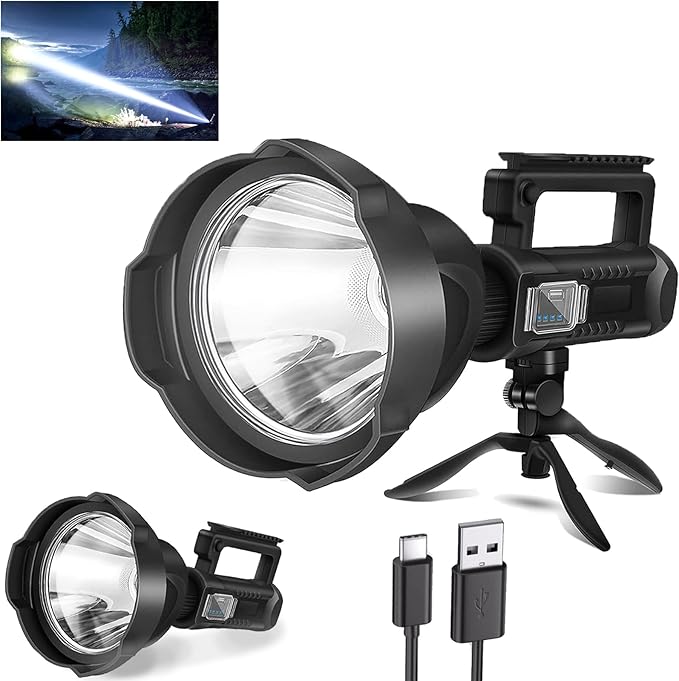 Rechargeable Spotlight, 3,000,000L High Lumens Led Spot Lights Outdoor Handheld Super Bright Powerful Long Range Flashlight with 4 Modes, Tripod, USB C, IPX5 Waterproof for Fishing Boating Camping