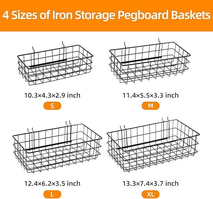 4 Pack Pegboard Baskets Hooks Set, Square Style 4 Size Peg Board Organizer Basket Bins Accessories for Workbench,Garage Storage,Tool Hanger