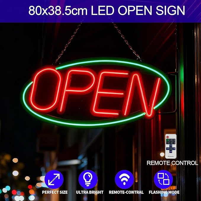 32'' X 15'' ASBAVA Super Bright LED Open Sign Remote Controlled — Dynamic Light Modes Neon Large Open Sign for business - Get Your Business Seen Day or Night (RED and GREEN)