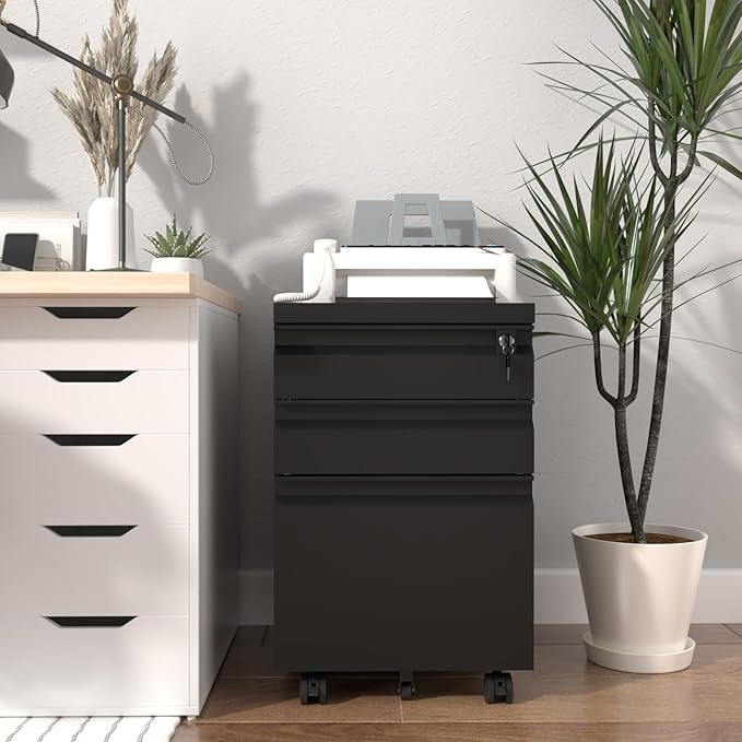 3 Drawer File Cabinet with Lock, Mobile Metal Filing Cabinet on Wheels, Under Desk Small Filing Cabinet for Home Office Storage, Letter/Legal/A4 Drawer Organizer with Anti-Tip Wheels (Black)
