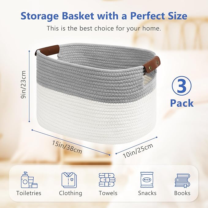 Cotton Rope Storage Baskets,15x10x9 in,Foldable Storage Bins, Decorative Woven Basket Cube Storage Organizer for Laundry, Towel, Clothes (White/Grey-3Pack, 15x10x9 inches)