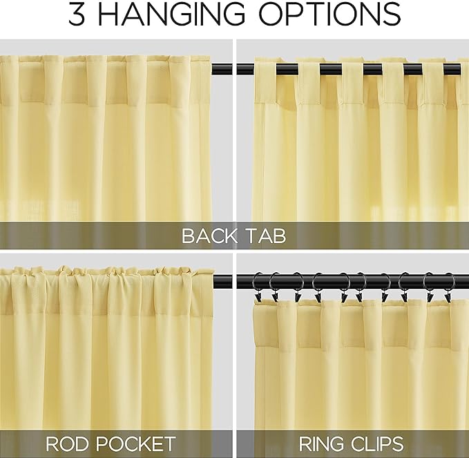 Yellow Linen Curtains 105 Inches Long for Living Room 2 Panels Set Extra Long Back Tab Curtains Neutral Farmhouse Light Filtering Semi Sheer Linen Drapes Ceiling to Floor for Large Window 52x105