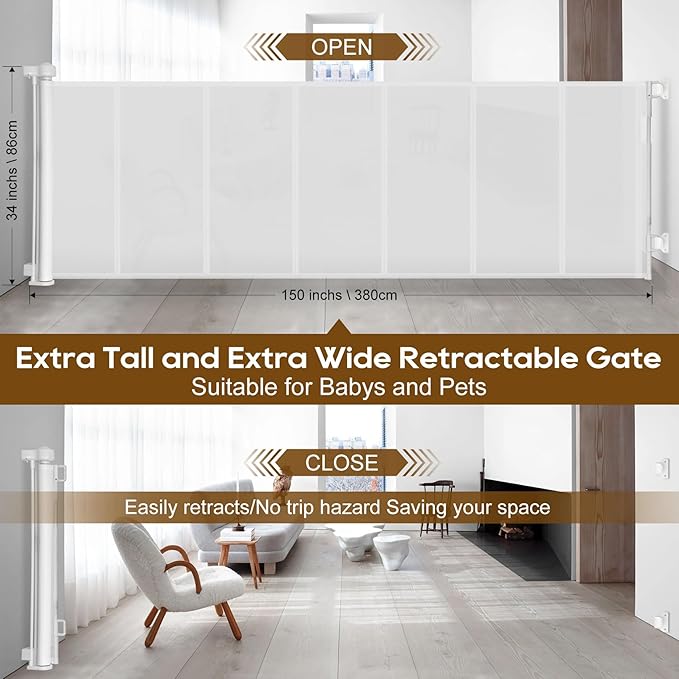 150 inch Retractable Baby Gates 34 inch Tall, Retractable Gate with Reinforced Strip Design to Prevent Crawling Through, 12 FT Extra Wide Retractable Dog Gate for Indoor/Outdoor