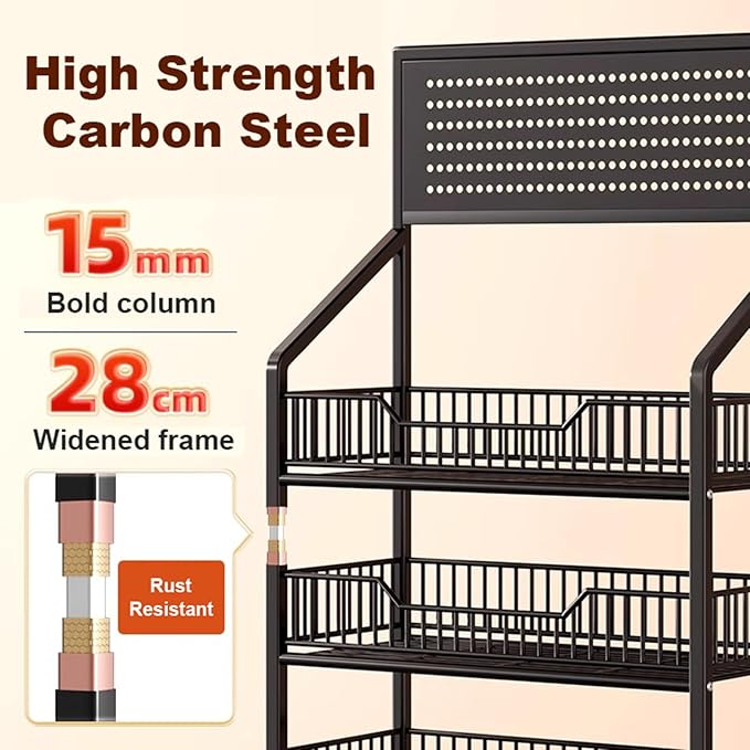 5 Tier Retail Display Rack, Metal Snack Rack with Wheels, 24inch Wide Chip Snack Display Stand with 15 Hooks for Kitchen Office Supermarket, Black