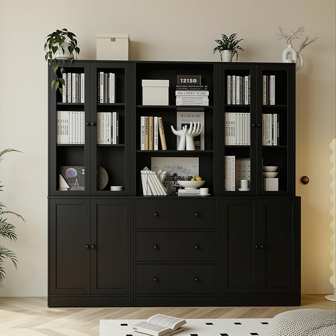 TUSY 71" H Bookshelf Bookcase with Doors, 3-Tier Modern Bookshelves with 3 Large Drawer, Display Bookcase with Glass Doors, Modern 5-Tier Curio Cabinet for Home Office, Dining Room (Black, BAB)