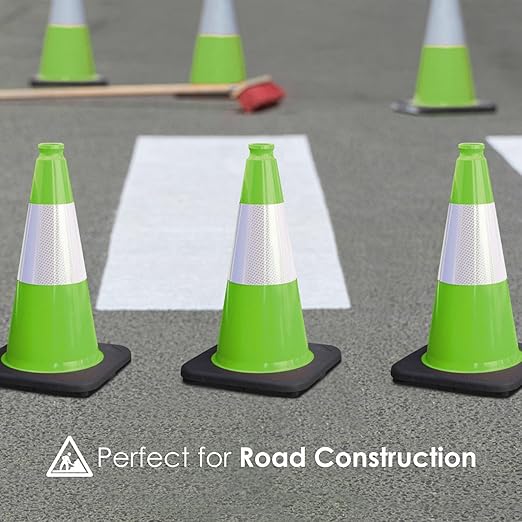 Fluorescent Orange/Green PVC Traffic Cones, Heavy Black Base Parking Lot Cone Structurally Stable Weatherproof Road Construction Safety Cones (4, Green, 18" Medium)