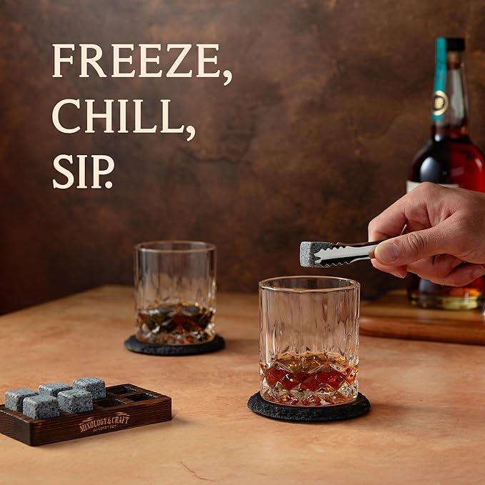 Mixology & Craft Whiskey Gift Set, Whiskey Glass Set with Rustic Wooden Crate, 8 Granite Whiskey Rocks Chilling Stones, 10oz Glasses, Raffle Gift for Men, Dad, Husband, Boyfriend - Jameson Dark Brown