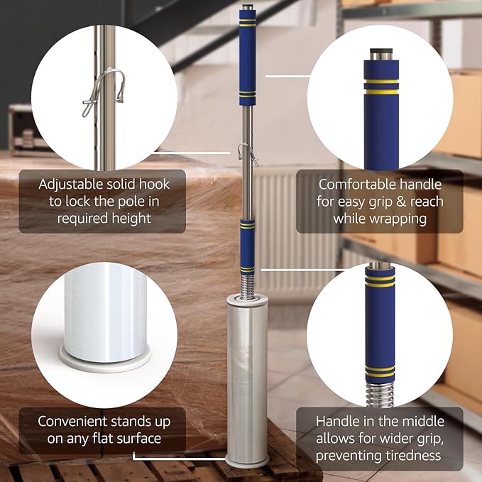 Heavy Duty Stretch Film Dispenser Pole Holder - Extra Long High Reaching Industrial Handle for Stretch Wrapping - Fits Rolls 2" to 3" Diamater Cores & Lengths from 12" to 24" - Pallet Wrap