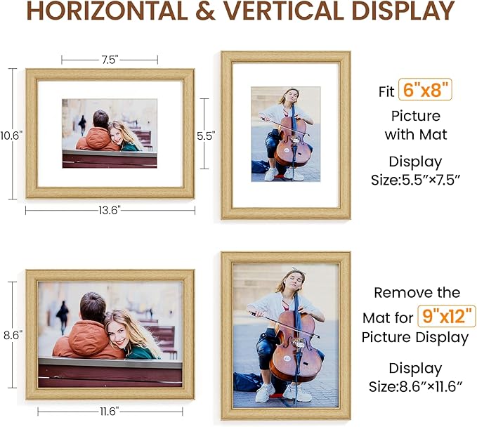Natural Oak 9x12 Picture Frames Mat to 6x8 Picture Display Set of 3,Original Wood Handcrafted 9x12 Wooden Photo Frame with Tempered Glass Graduation Family Wedding Pictures Tabletop & Wall Decor