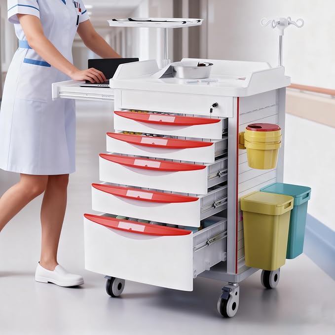 Medical Storage Crash Cart with Wheels - IV Pole, Silent Casters, Drawers with Dividers, Needle Disposal Holder, Trash Bin, O2 Holder, Emergency Mobile Cart for Clinic, Hospital, Nursing Center