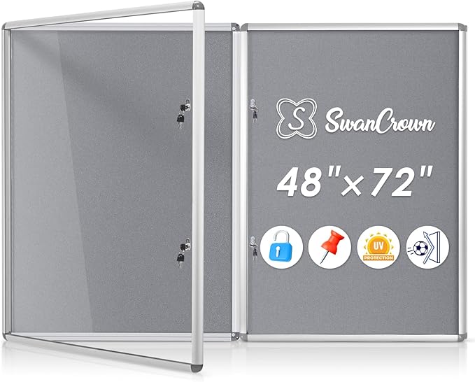 SWANCROWN Enclosed Bulletin Board 48x36in, Tamperproof Lockable Grey Felt Board Wall Display Case with 2 Locks for Office School Commerce, Aluminum Frame, Pack of 2