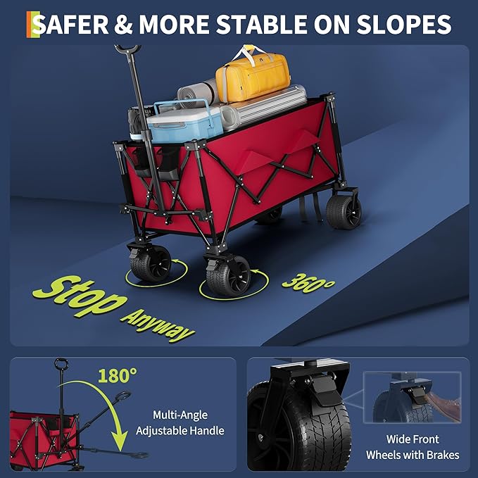 35" Foldable Wagon for Beach with 350lbs Weight Capacity, Heavy Duty 280L Extra Large Collapsible Foldable Wagon for Camping, All Terrain Beach Wagons Extended with Cup Holders for Sand