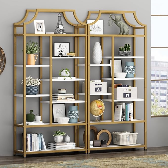 Loomie 8-Open Shelf Bookshelf, 70.87" H x 31.5" L Lux Etagere Bookcase, Tall Storage Display Modern Open Book Case for Bedroom, Home Office & Living Room, Gold Finish Metal Frame & White Shelving