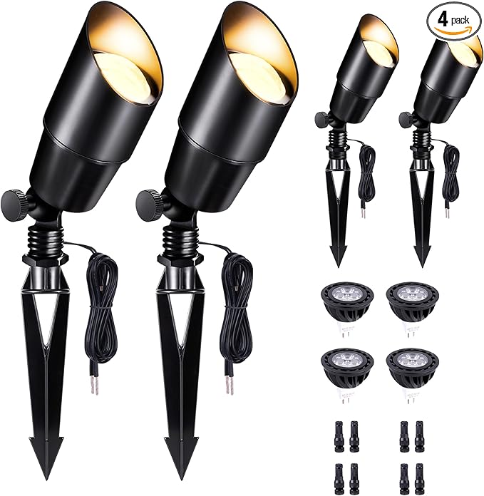 LED Outdoor Spotlight, Black Low Voltage Landscape Light, Waterproof Aluminum Wired Light for Patio Yard House Lighting with 5W MR16 Bulb 2700K 4 Pack