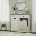 Farmhouse Dual Tilt Out Trash Can Cabinet, Holds 2 x 10 Gallon Bins Hidden Laundry Hamper Cabinet, with Hideaway Drawer Garbage Can Cabinet, Ideal for Kitchen & Laundry Room (Antique White)