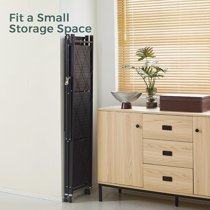 DEANIC 4 Tier Foldable Storage Shelves with Wheels, Large Capacity Shelving Unit, Freestanding Metal Wire Shelf Rack, No Assembly Organizer Rack for Garage Kitchen, Basement, Pantry(Black)