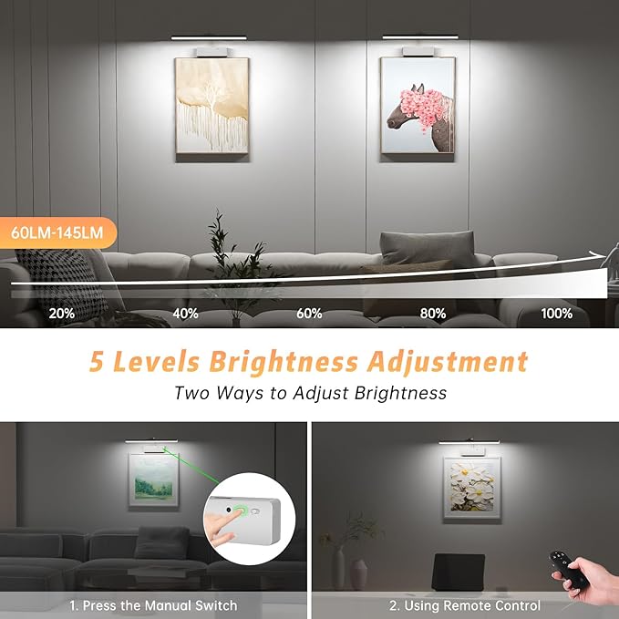 Lightbiz Picture Light, 15.35inch 5400mAh Rechargeable Picture Lights for Wall Battery Operated Wall Lights with Remote, 3 Colors Paintings Light Dimmable Art Light for Artwork, Gallery (Silver)