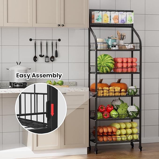 5-Tier Heavy-Duty Snack Rack Display Stand with Wheels - 300lbs Capacity, Silent Roll & Lock System, for Pantry/Retail/Office Organization