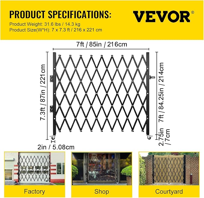 VEVOR Single Folding Security Gate, 7 ft H x 7 ft W Folding Door Gate, Steel Accordion Security Gate, Flexible Expanding Security Gate, 360° Rolling Barricade Gate, Scissor Gate/Door with Padlock