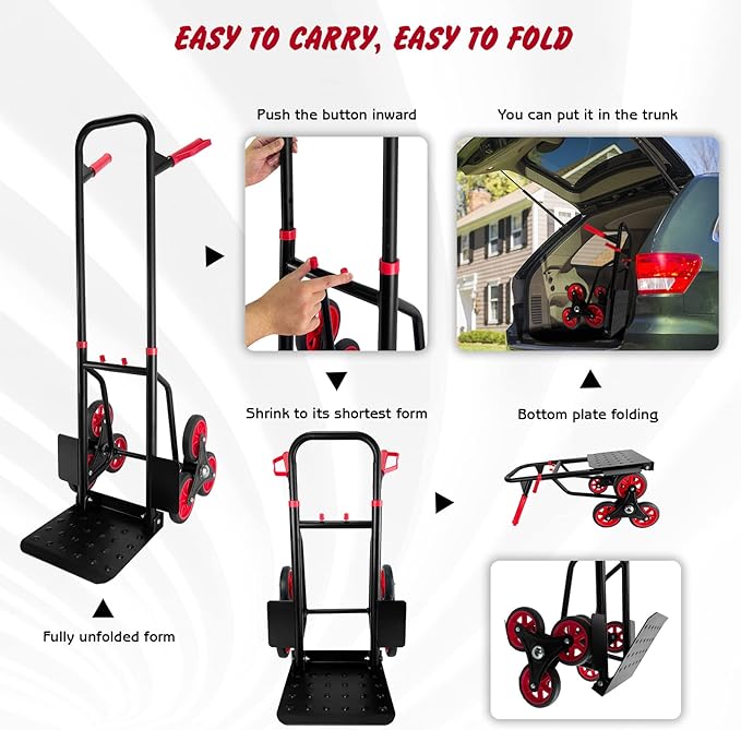 Stair Climber Hand Truck Dolly, Heavy Duty 440 Lb Capacity Trolley Cart with Telescoping Handle and Rubber Wheels 6 Rubber Wheels and Rope for Moving Logistics Warehouse