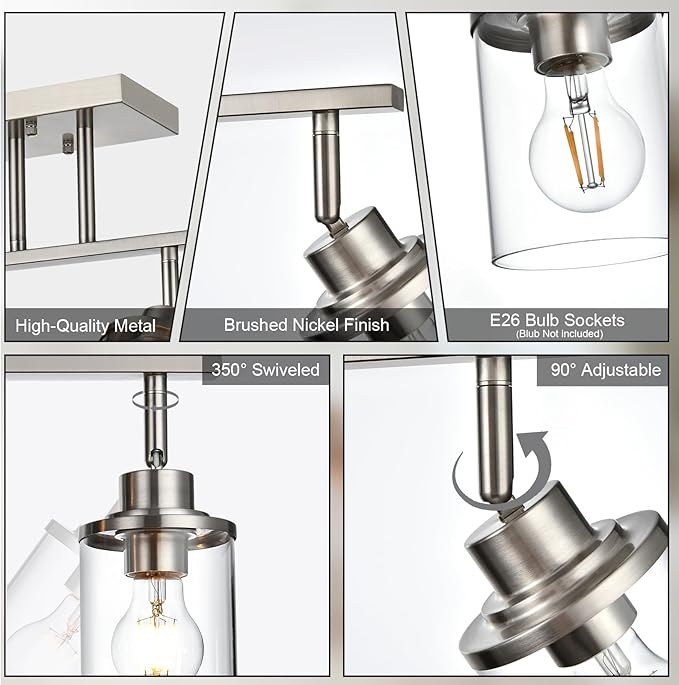 Yaohong 2-Light Track Lighting Kit Brushed Nickel Track Lighting Fixtures, Bathroom Wall Light Ceiling Mount Rotatable Spotlights, Kitchen Ceiling Light Fixtures with Glass Shade for Bathroom Hallway