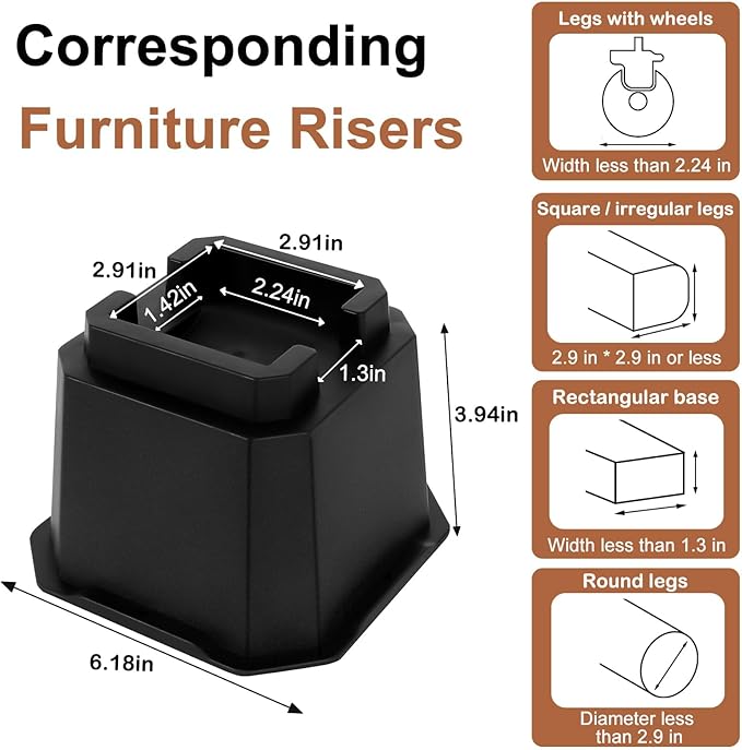 shouwuhho Bed Risers 4 inch, Furniture Risers Elevation in Heights 4 Inch Heavy Duty, Bed Lift Risers for Caster Wheels or Posts of Bed Table Couch, Support up to 6000 lbs, Black, 6 Pack