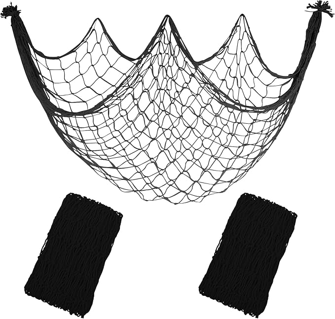 2 Pack Fish Net Decorations, 80x40 Inch Black Fishing Net Decor for Pirate Under The Sea Beach Theme Party, 3mm Thick Natural Cotton Versatile Nautical Netting for Wall Table Ceiling Halloween Decor