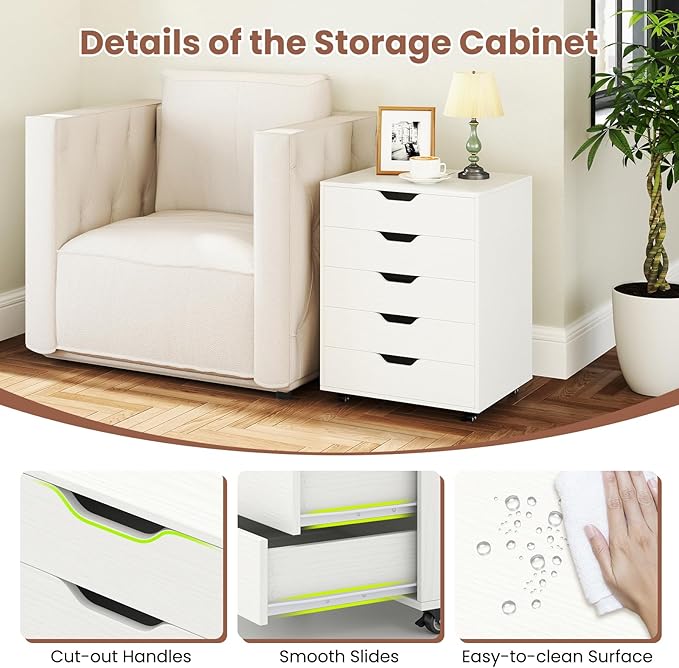 LOKO 5-Drawer Storage Cabinet, Versatile Drawer of Chest with Lockable Wheels, Mobile Office Lateral File Cabinet, for Home Office, Study (White, 16" D x 19.5" W x 25.5" H)