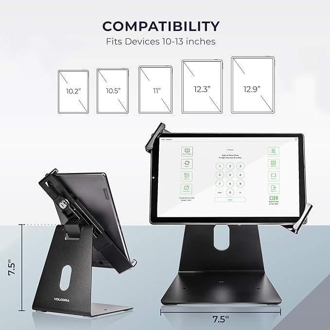 Volcora Anti-Theft Tablet Stand iPad Kiosk Stand with Lock, Black 10-13'' iPad Stand for Desk, Swivel, Adjustable iPad Holder For Desk, iPad Mount For Desk For POS Register, Retail Business, Cashier