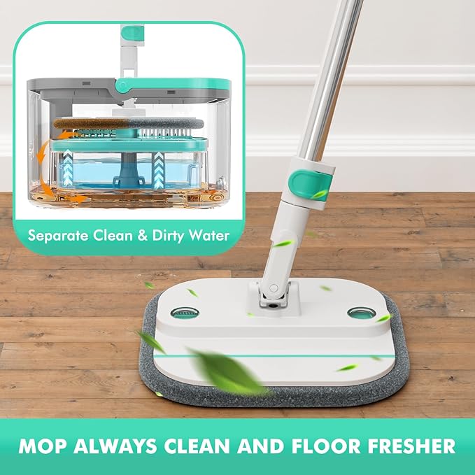 Upgraded Spin Mop and Bucket System Set, Self Separate Clean and Dirty Water, Foldable Square Standing Mop Head with Microfiber Mop Pads, Detachable Bucket (White+Blue, Mop Set with 2PC Pads)