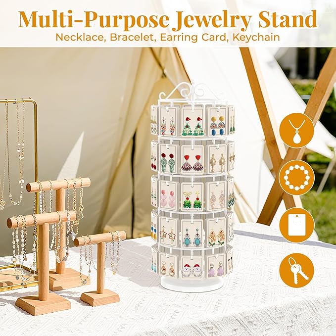 EsLuker.ly Earring Holder Organizer Rotating Display Tree Stand, Adjustable Height Earring Card Hanger Rack with 50 Hooks for Vendors Market Selling, 5 Tier Metal Jewelry Storage Tower, White