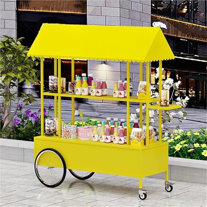 Portable Food Cart with Striped Canopy, Mobile Vendor Display Stand with Lockable Wheels, Iron Outdoor Cart for Market, Street Food or Events(Yellow,47.2in)