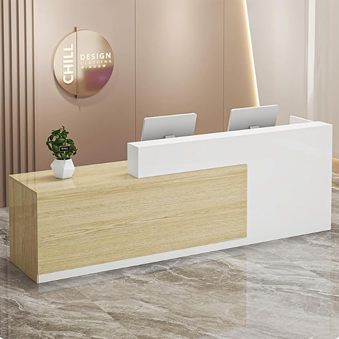 Wood Reception Desk Marble Stone with Checkout Retail Counter L Shaped Modern Mostrador para Negocio Office Desk Closed Front with Storage Drawers for Barber,Salon,Clothing Store