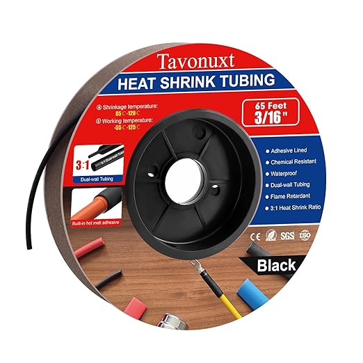 3/16" 65ft 3:1 Heat Shrink Tubing with Adhesive Lining - Marine Grade, Ideal for Home, Automotive, and Industrial Use - Black