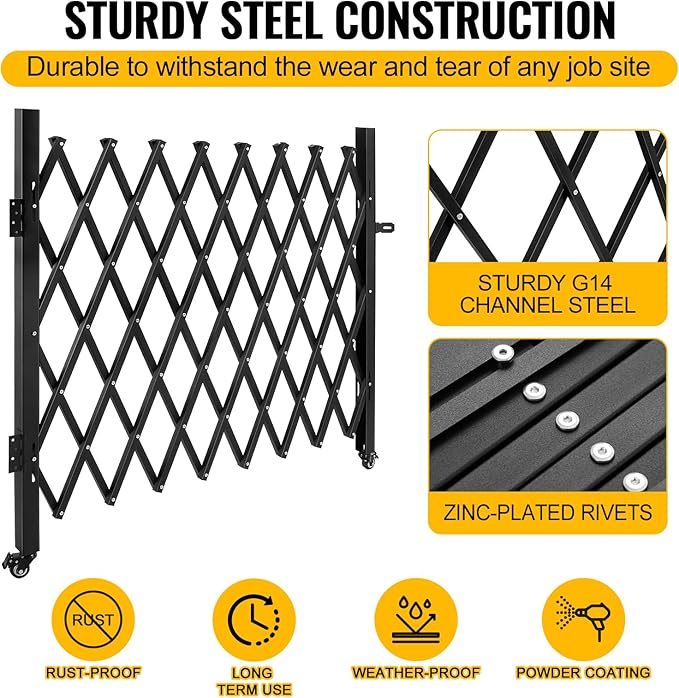 Folding Security Gate 65.35''W X 48.03''H Steel Scissor Door Gate Barricade Gate Expandable Security Gate Flexible Accordion Security Gate with 360° Wheels&Padlock