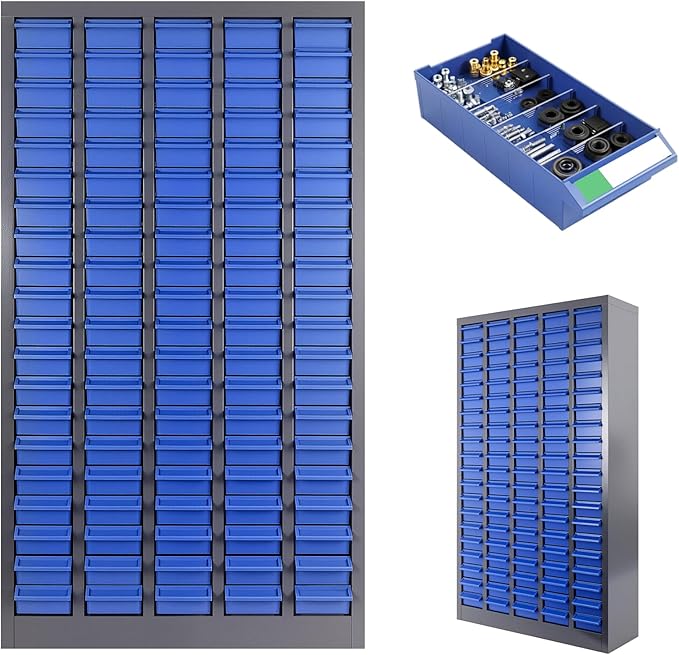 100 Drawers Nut and Bolt Organizer, 46" H x 26" D x 9" W Bolt and Nut Tool Storage Cabinet with Acrylic Adjustable Shelves & Label Stickers, Alloy Steel Parts Cabinet for Workshop Garage Organizer