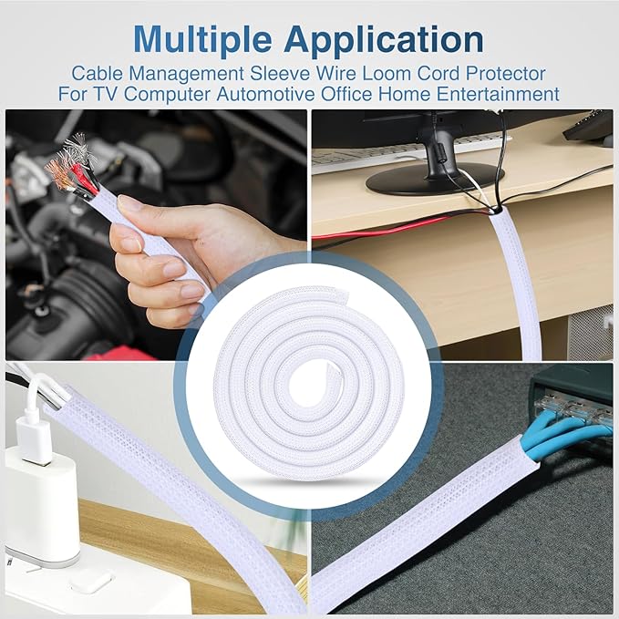 Nilight Cable Sleeve, 10ft-1/2inch Cord Management Sleeves, Braided Sleeving, Split Self Wrapping Wire Loom for Computer Electrical Automotive Harness Protector Organizer, White